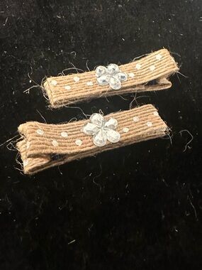 Polka Dot Tan Ribbon Hair Clips with Rhinestone Flower